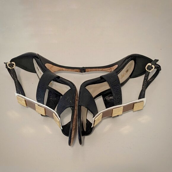 LAMB Lightning Bolt Black & Gold Metal Embellish T Strap Stiletto Sandals, 7/7.5 - Picture 15 of 16